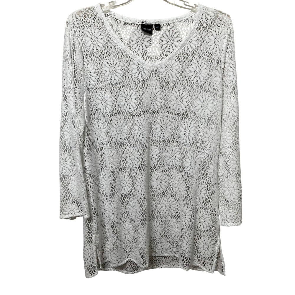 Sonoma Life‎ Style Womens XL White Crochet Floral Lace V-Neck Tunic Cover Up Top